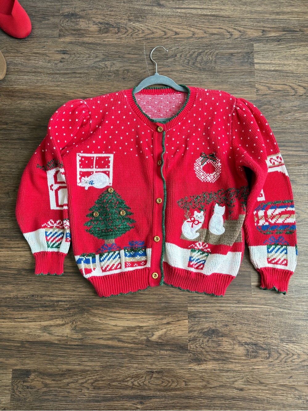 Vintage Knit Embroidered Christmas Cat Kitten Sweater Cardigan Size Small Medium